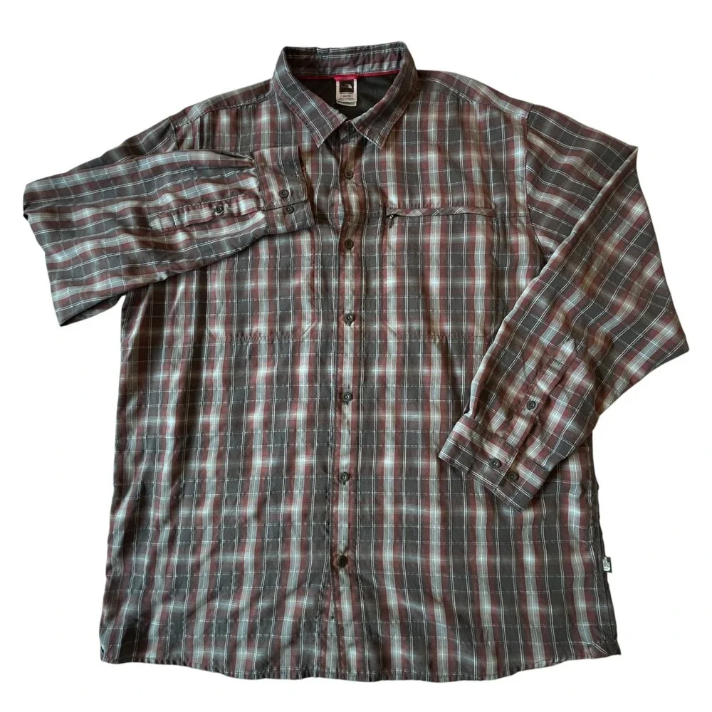 The North Face Mens XXL Plaid Button Down Shirt Red Gray Hiking Long Sleeve